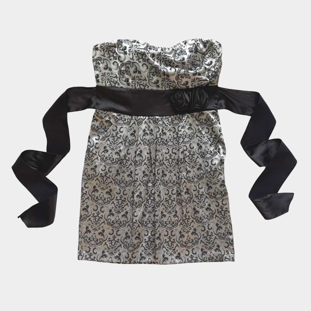 Speechless Silver Black Damask Strapless mini Dress HOCO Y2K coquette 9/10